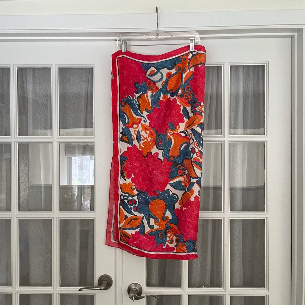 100% Silk Scarf - Pink Orange Blue White Print
